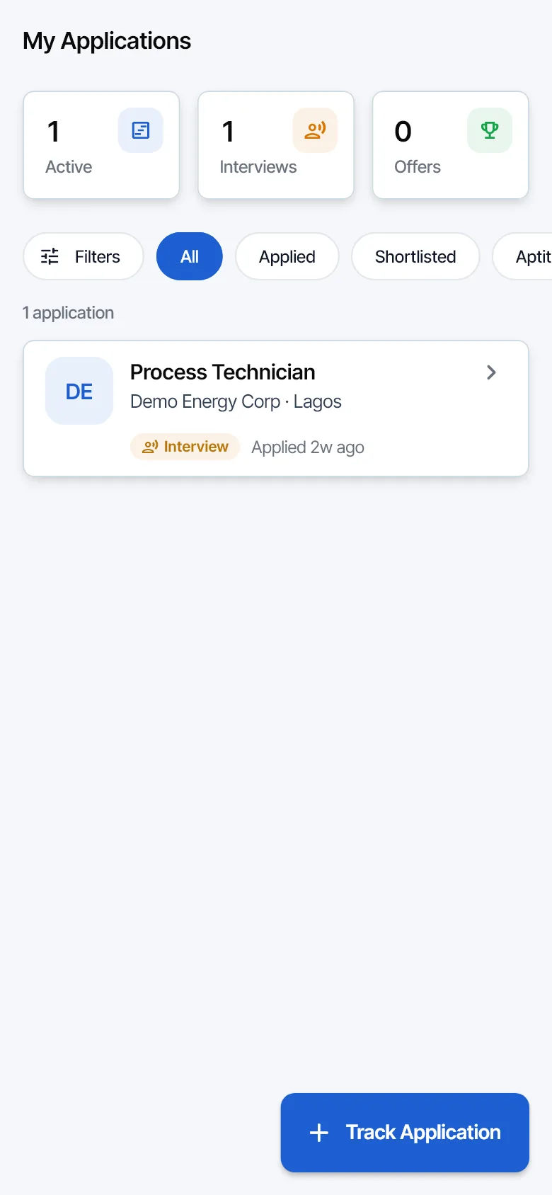 My Applications screen with active, interview and offer counts