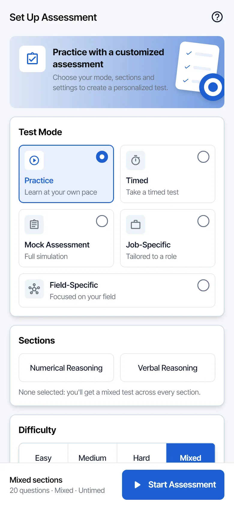 Aptitude test setup screen