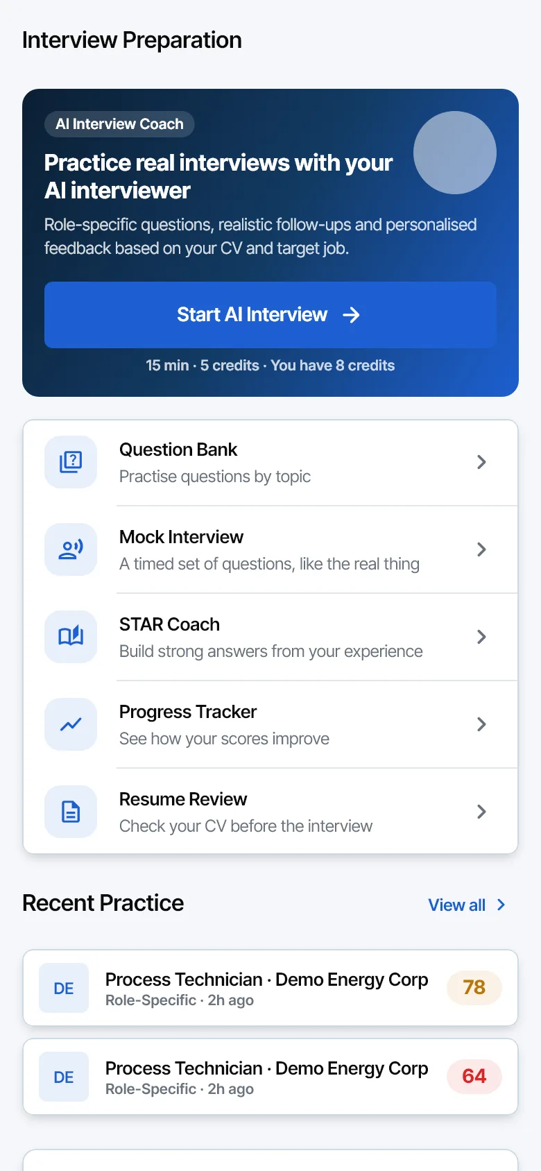 Interview preparation screen with mock interviews and the AI interviewer