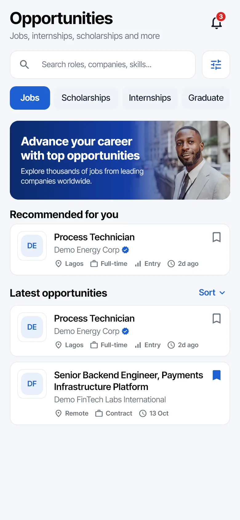 Opportunities screen with search, job and scholarship tabs and recommended roles